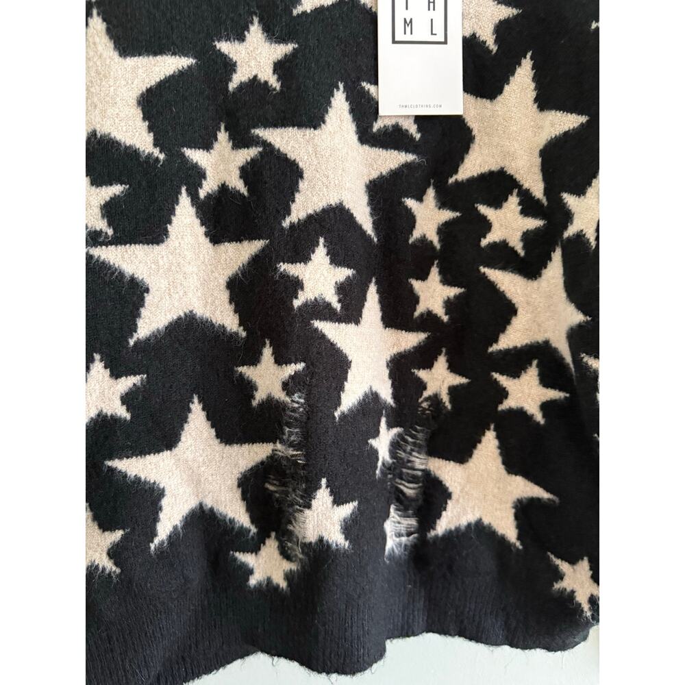 THML | NEW Preppy Soft Knit Black/Cream Star Destroyed Pullover Sweater Sz M - Picture 8 of 10